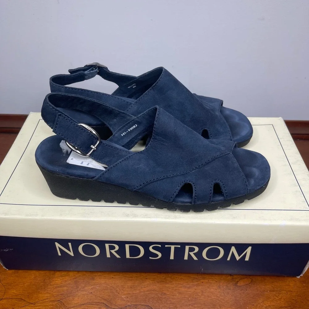 Vintage Nordstrom Dayton‎ Navy Nubuck Leather Wedge Slingback Sandals Womens 5M
